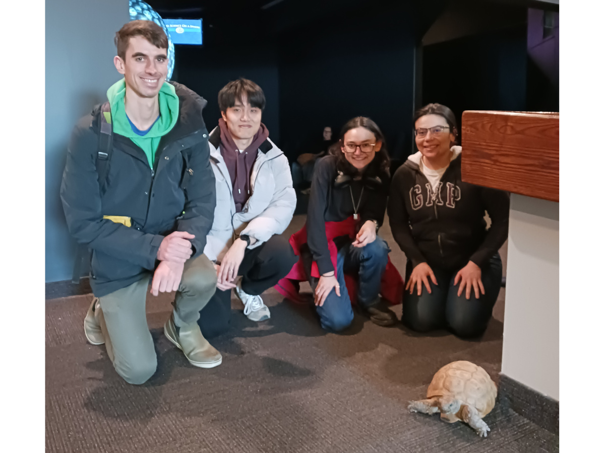 Ryan MacDonell, Jongkwon Ha, Edith Leal-Sánchez, Siri Williamson, and Gus the Tortoise at the Nova Scotia Museum of Natural History